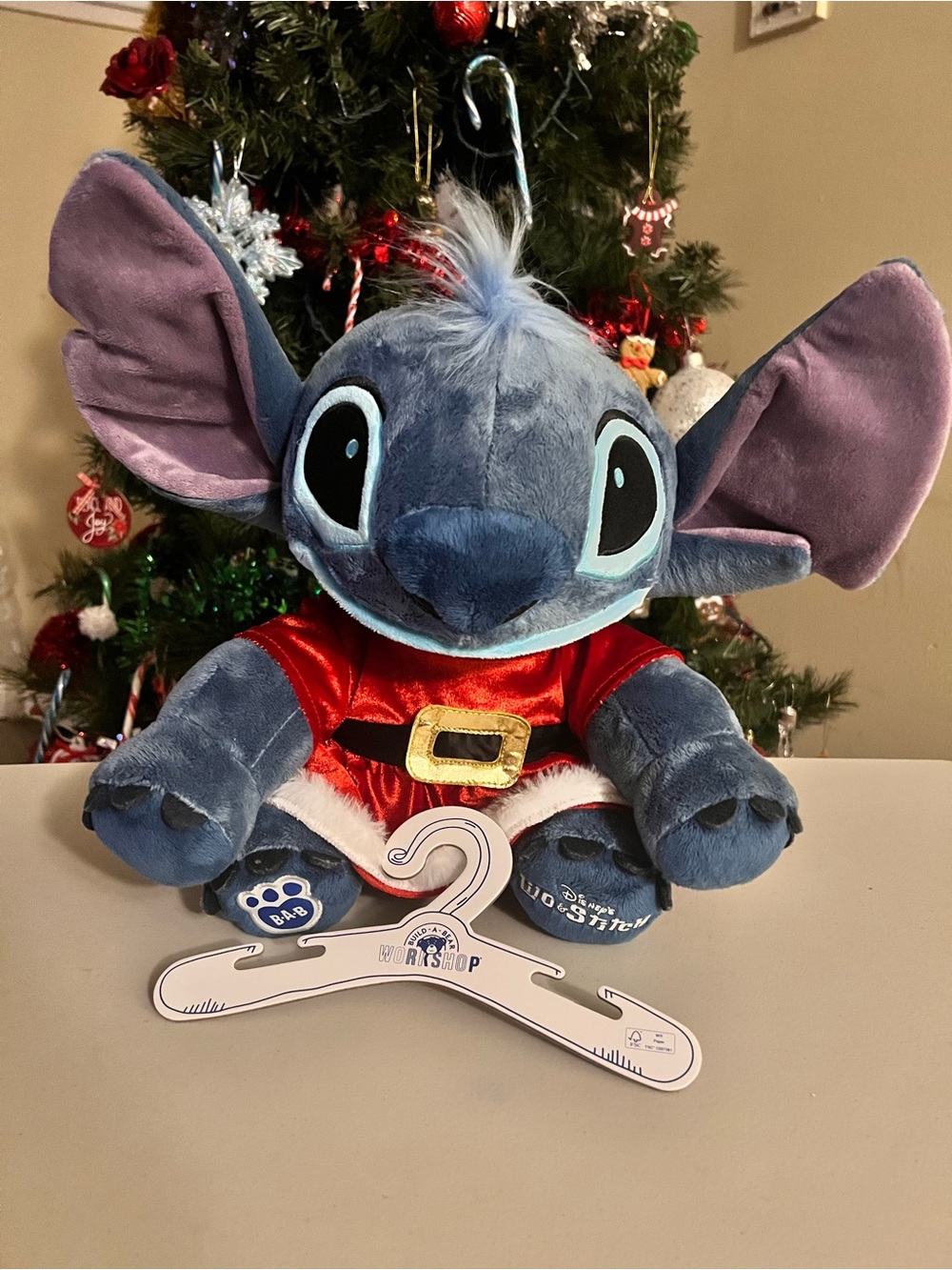 Disney Blue Stitch Plush in Red Santa Outfit with Purple Ears